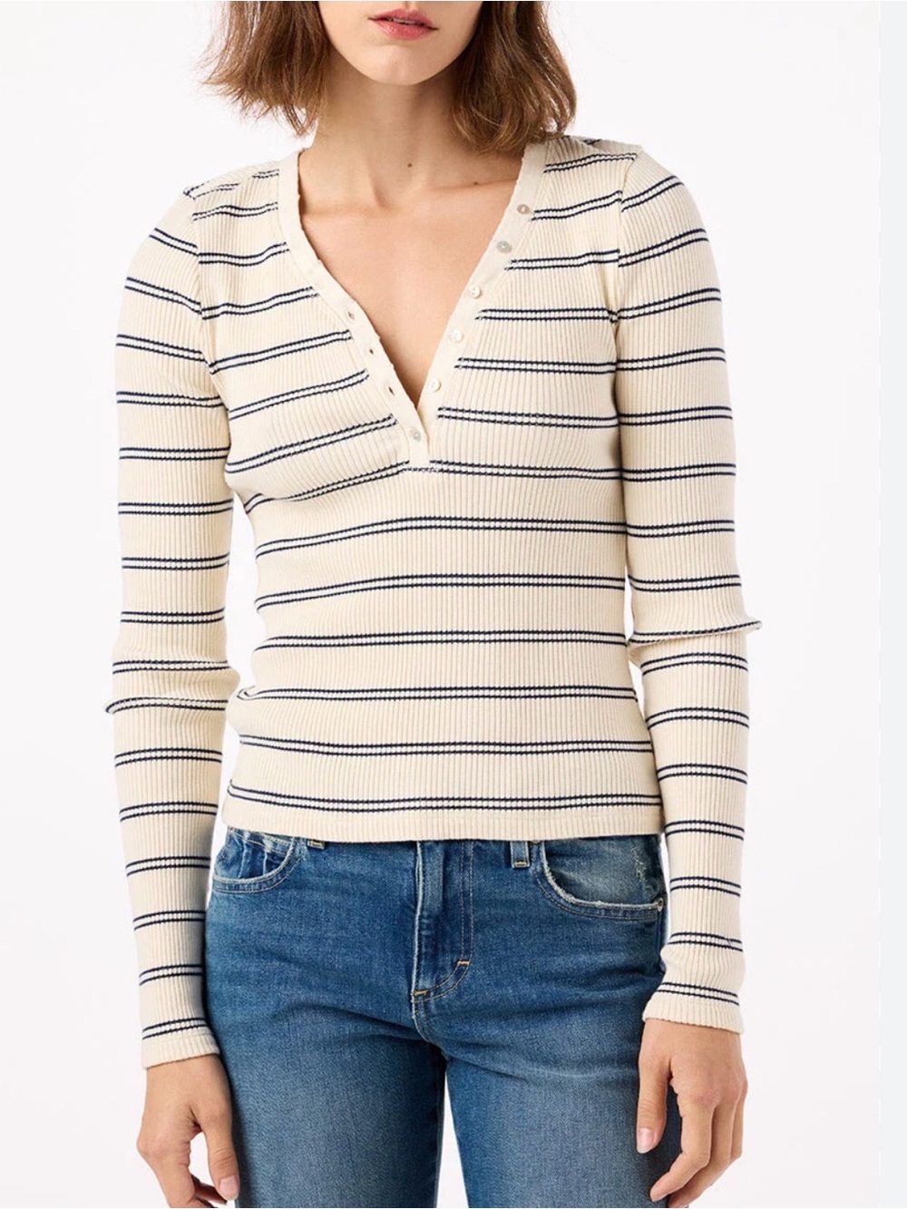 AMO Cream & Navy Ribbed Henley Long Sleeve Top
